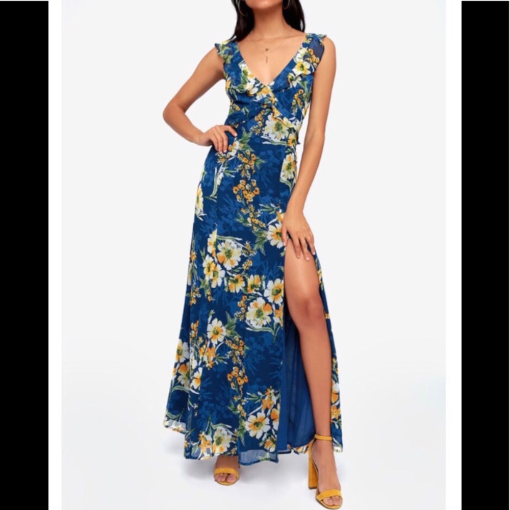 Feelin Fleur-ty Blue Ruffled Floral Maxi Dress